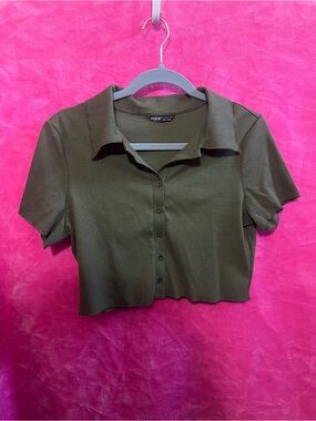 SHEIN Olive Cropped Button-Front Polo Shirt
